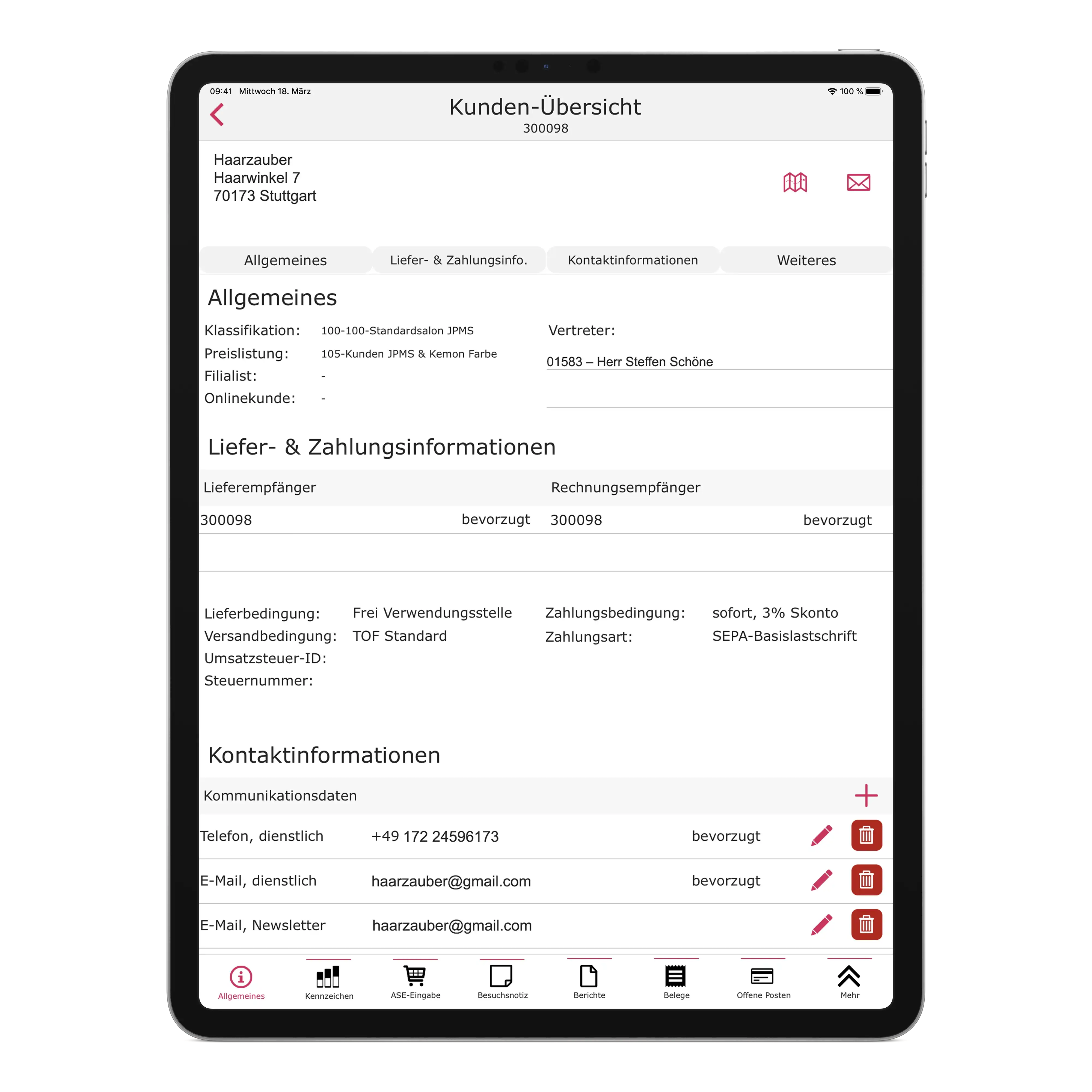 Tablet view of a Comarch ERP Enterprise sales app showing customer overview, order data, payment information, and contact details