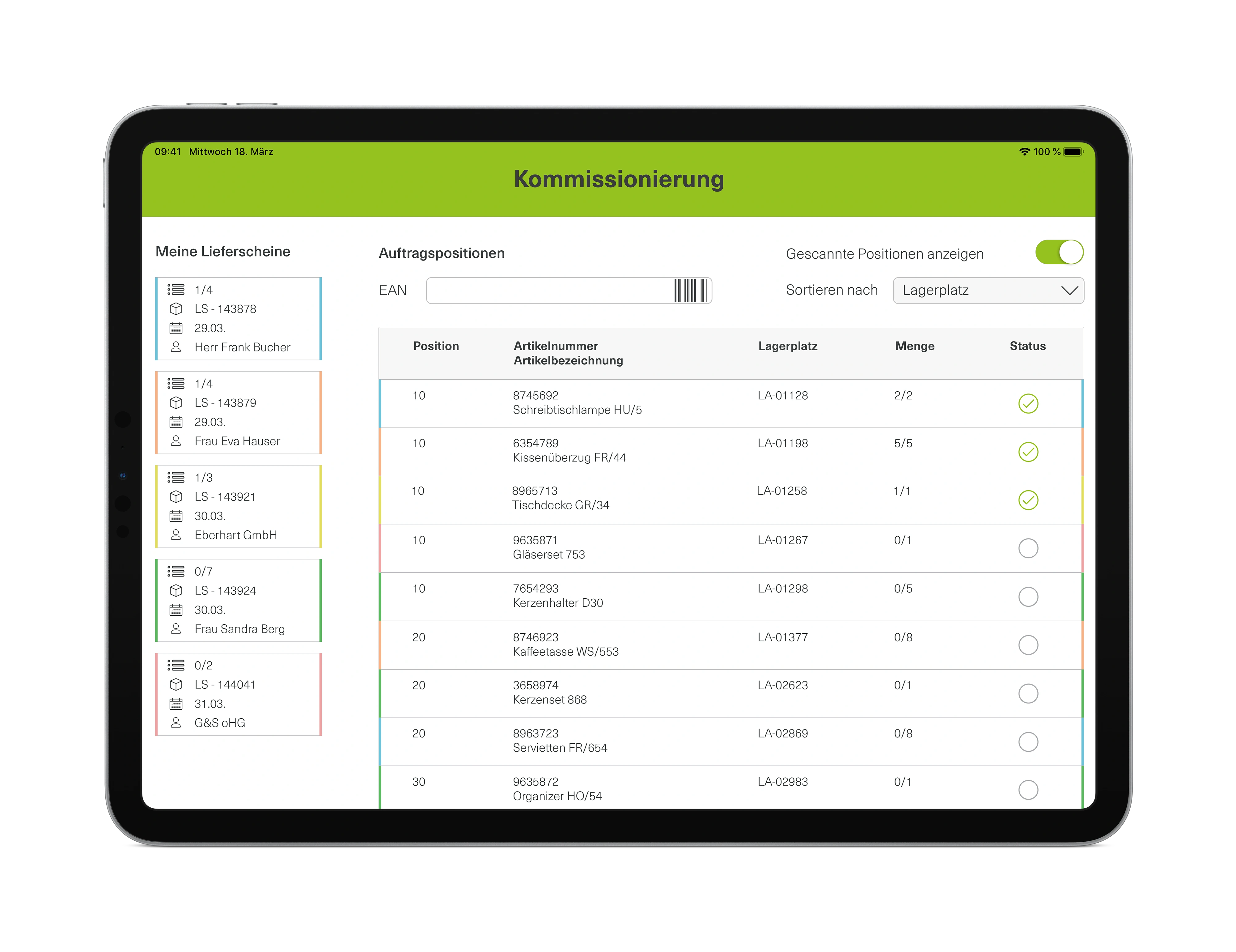 Tabletscreen, der eine Kommissionierungs-App zeigt