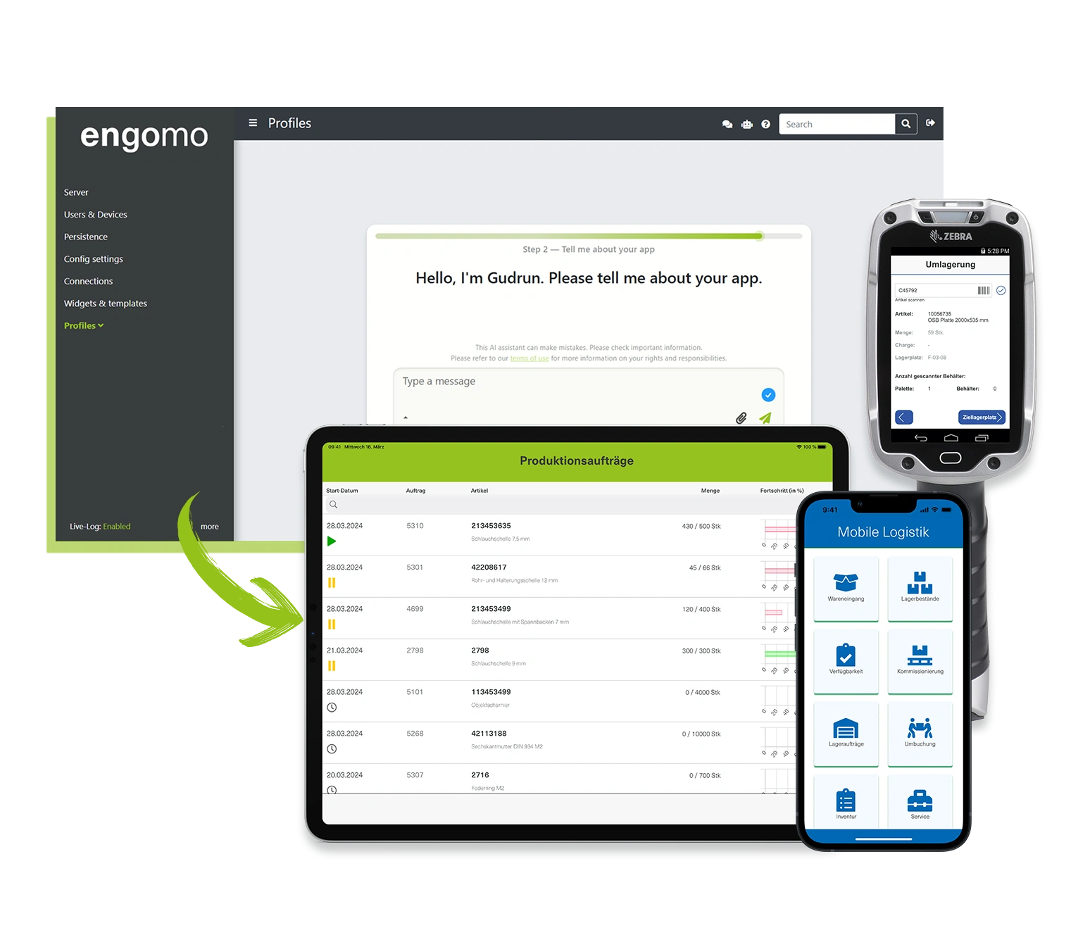 Composite image illustrating how a prompt in the engomo interface generates fully functional enterprise apps. On the left is the engomo backend with the AI agent’s input screen. On the right, several devices display resulting apps: a tablet showing a production order overview, a Zebra industrial scanner with a transfer screen, and a smartphone with a mobile logistics app.