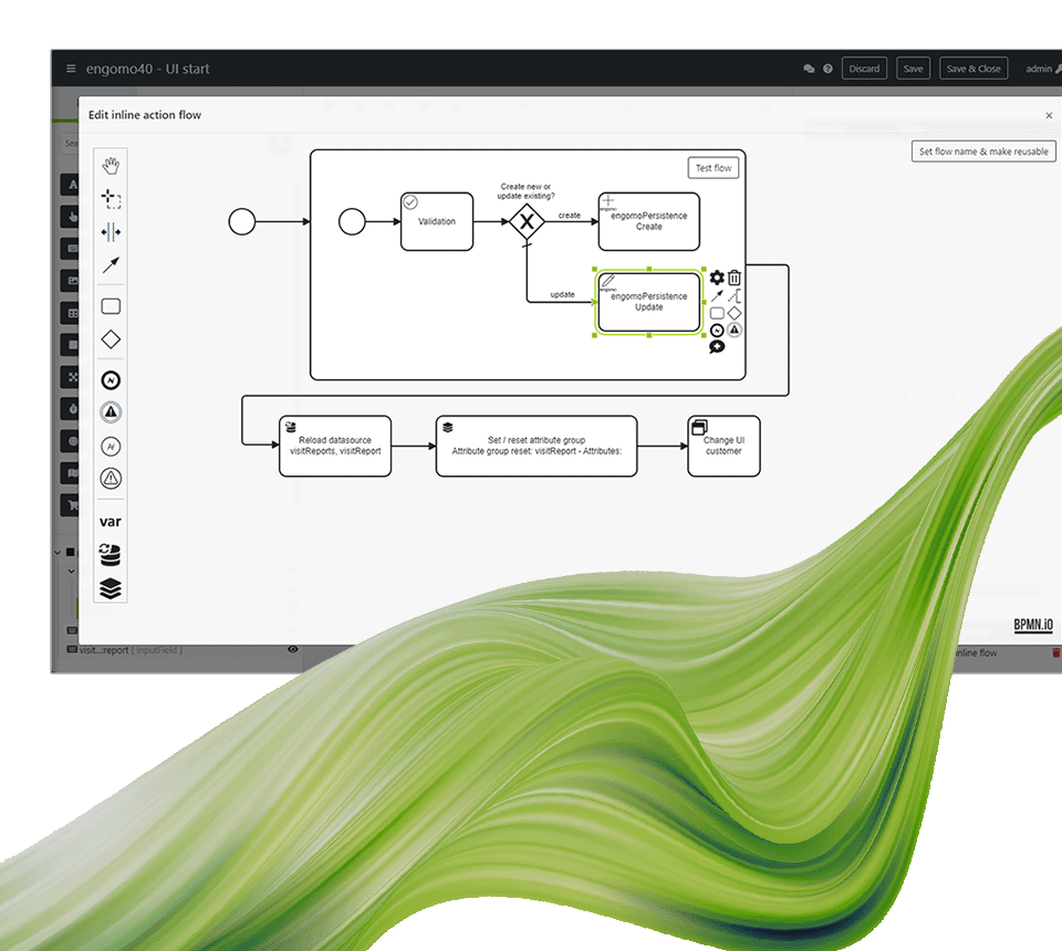 Screenshot from engomo showing a BPMN diagram used to define execution logic, with a green wave graphic in the foreground.