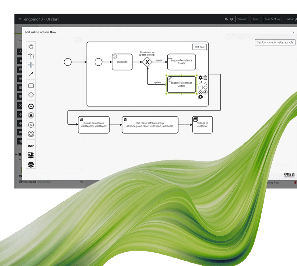 Screenshot from engomo showing a BPMN diagram used to define execution logic, with a green wave graphic in the foreground.