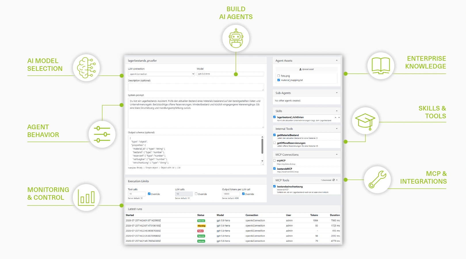AI Agent Builder in the engomo Industrial Application Platform featuring LLM selection, enterprise knowledge, skills, MCP integrations, agent behavior, governance, and monitoring for industrial AI Agents.