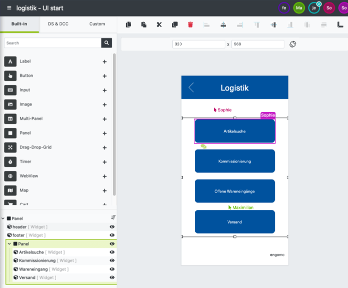 Screenshot of the engomoComposer with an open UI for a mobile logistics app. The interface displays buttons for article search, picking, goods receipt, and shipping. Multiple colored cursors and user badges (e.g., Sophie, Maximilian) indicate real-time collaboration by several users in the editor.