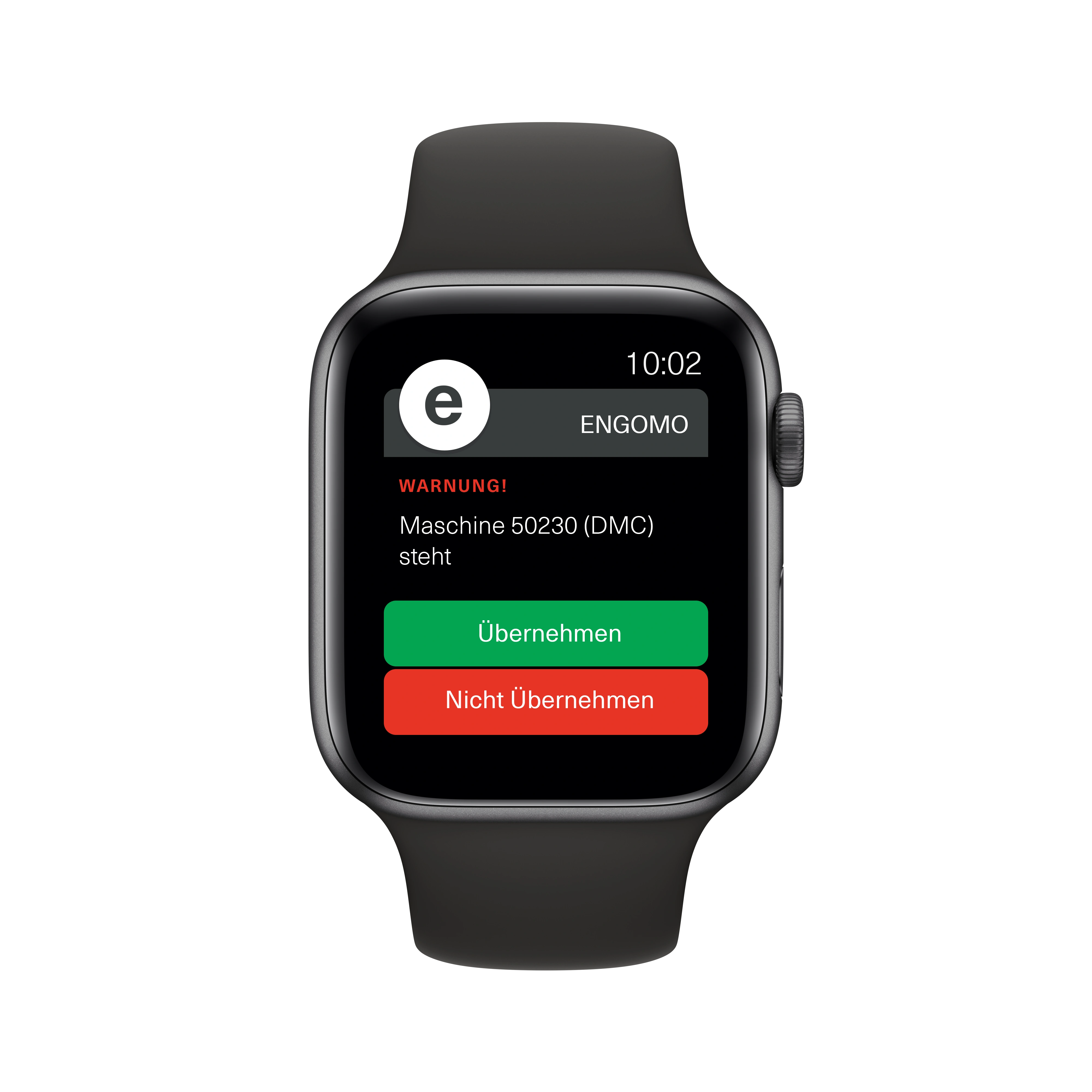 Smartwatch notification in the engomo app: Warning about machine downtime (Machine 50230/DMC) with action buttons 'Accept' and 'Decline'.