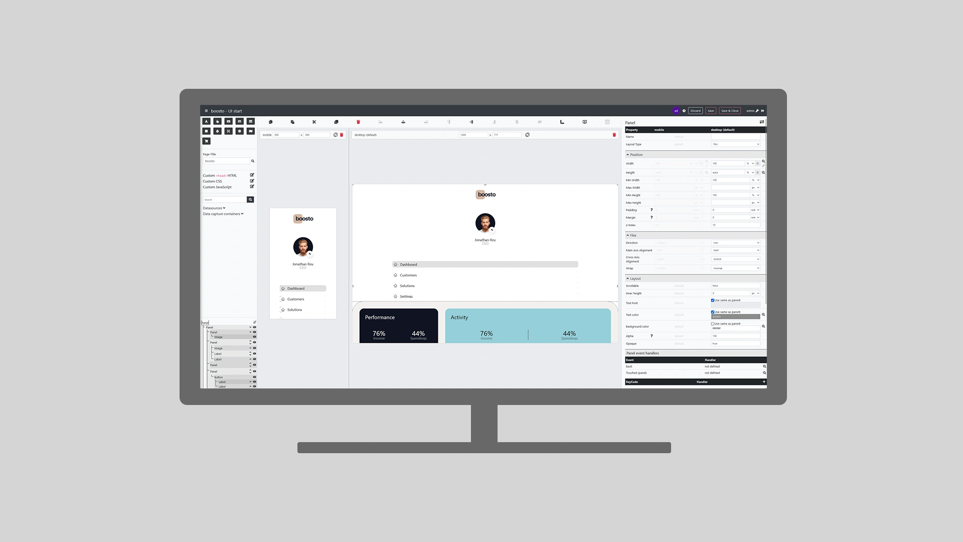 Monitor displaying a web portal interface built in the engomoComposer – representing the creation of custom B2B portals and web shops using low-code technology.