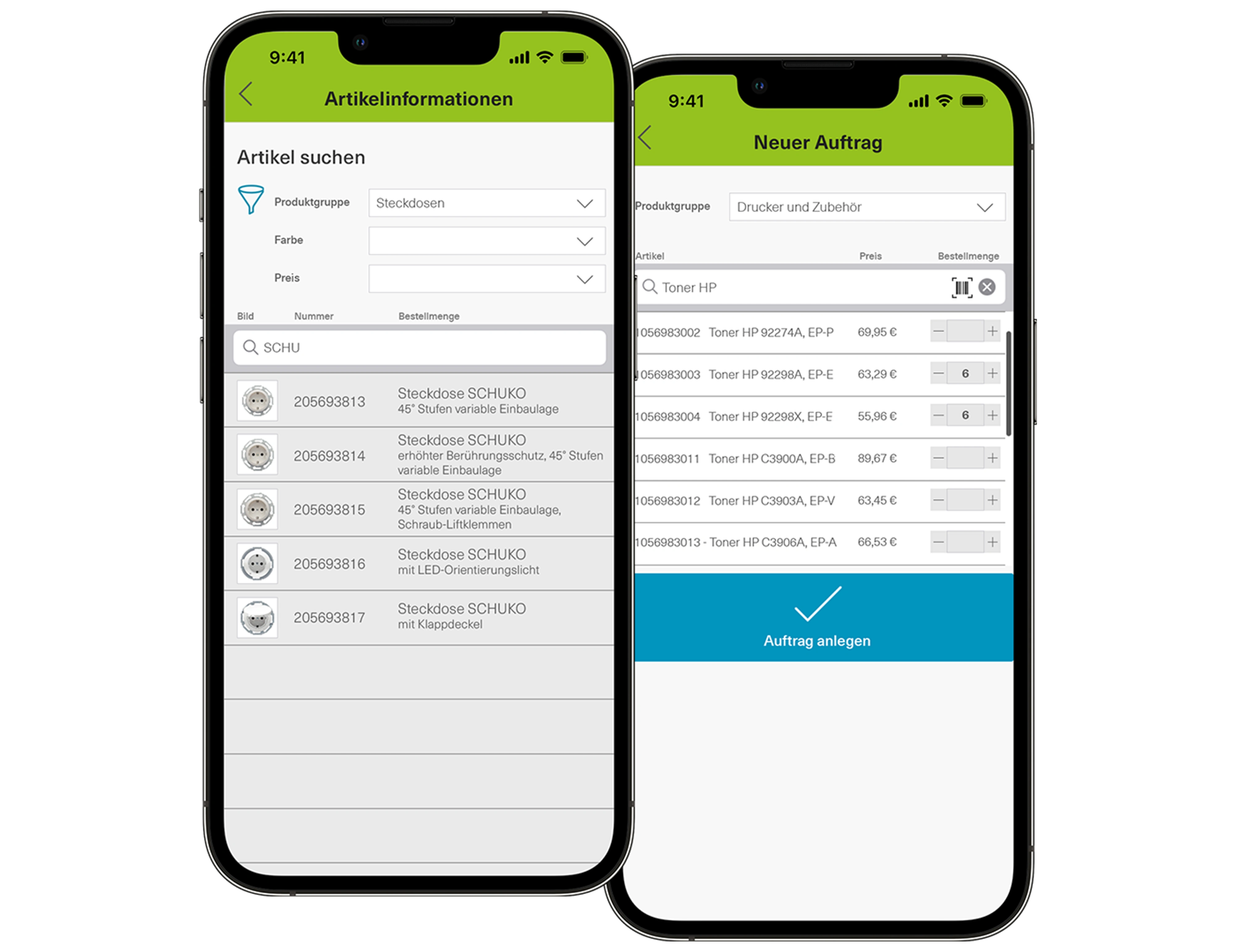 Zwei Smartphones mit geöffneten Screens einer Vertriebs-App: Links die Artikelsuche mit Filtermöglichkeiten und Produktliste (z. B. Steckdosen), rechts die Erstellung eines neuen Auftrags mit Artikelübersicht und Mengenangabe.