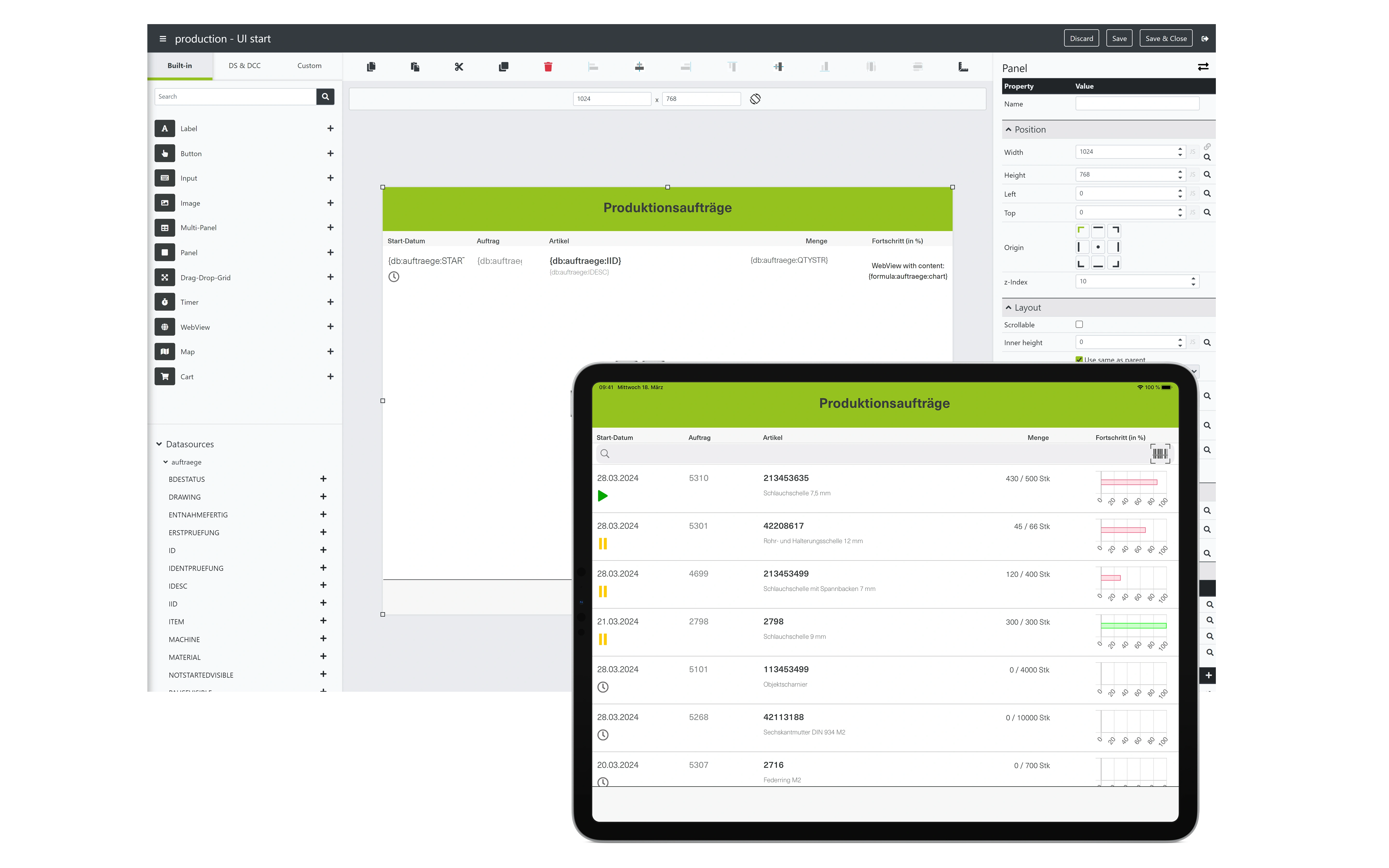 Screenshot of the engomoComposer showing the UI design for a production order overview. In the foreground, the finished app is displayed on a tablet, presenting a clear list of current production orders including status, quantities, and order numbers.