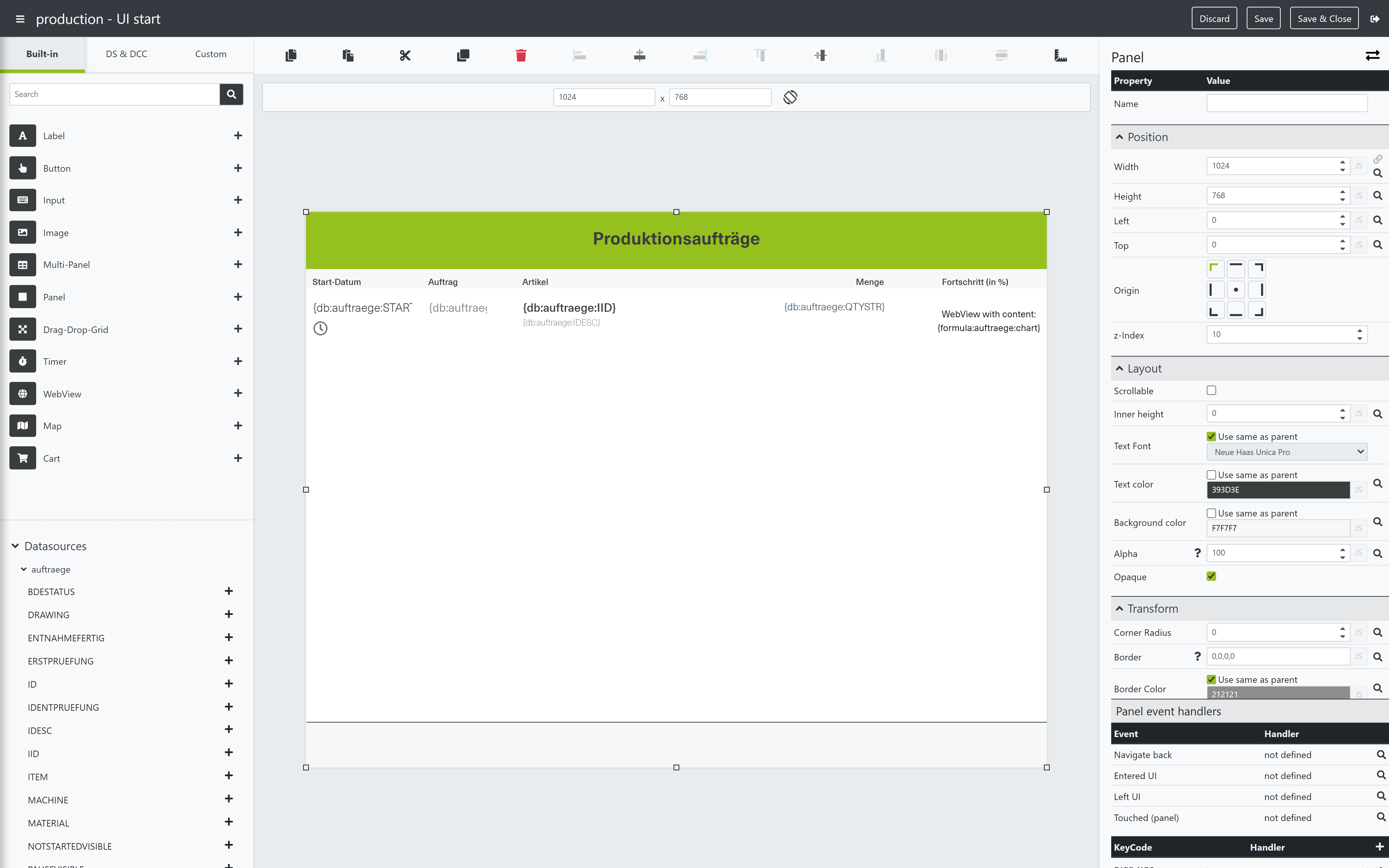 Screenshot of a low-code platform for app development, showing a UI layout for production orders. Data sources and layout elements are visible on the left, while panel properties are displayed on the right.