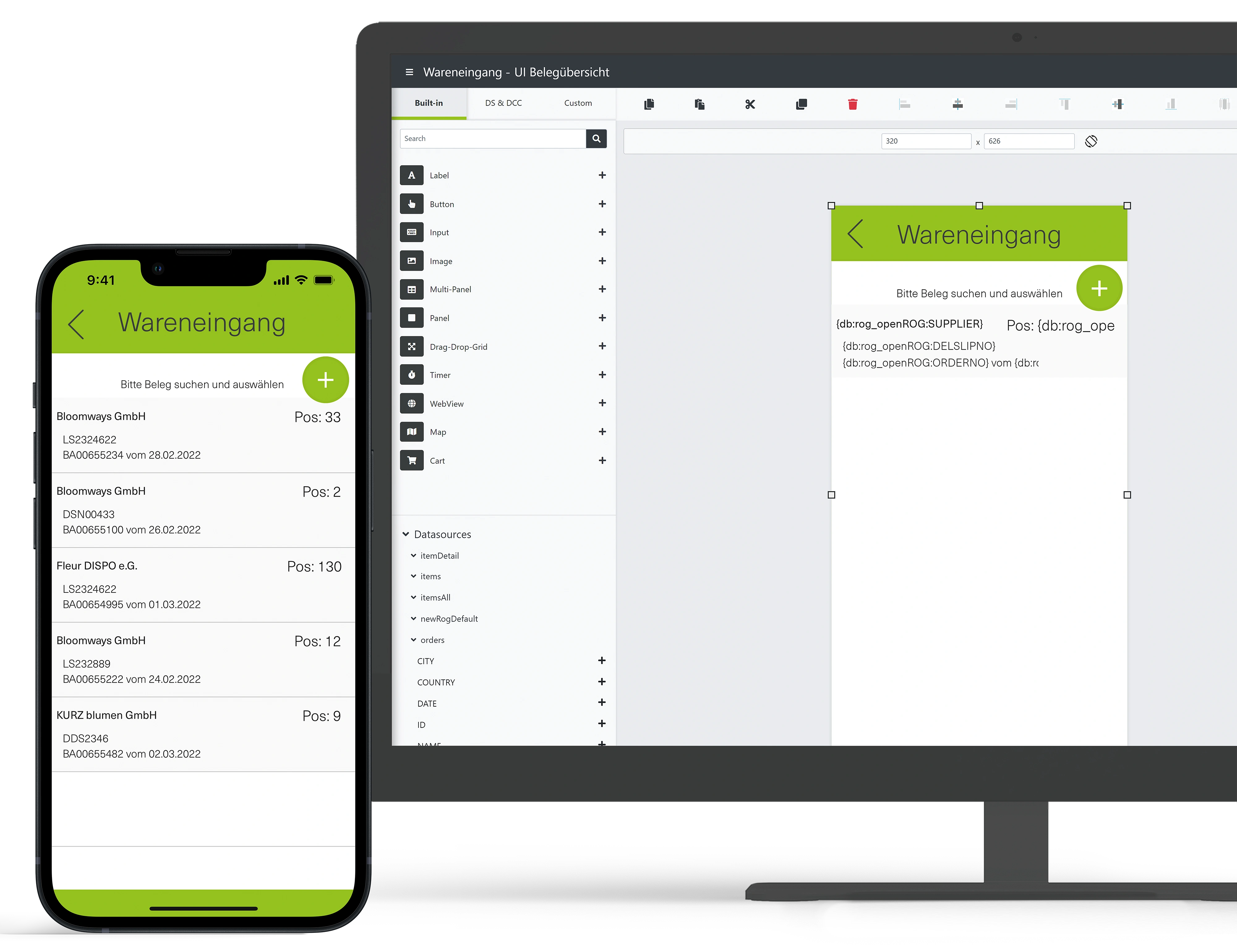 Display of a mobile app and its configuration in the engomoComposer: On the left, a smartphone shows a user interface for goods receipt; on the right, a desktop screen displays the engomoComposer with the same goods receipt screen open in the low-code app builder.