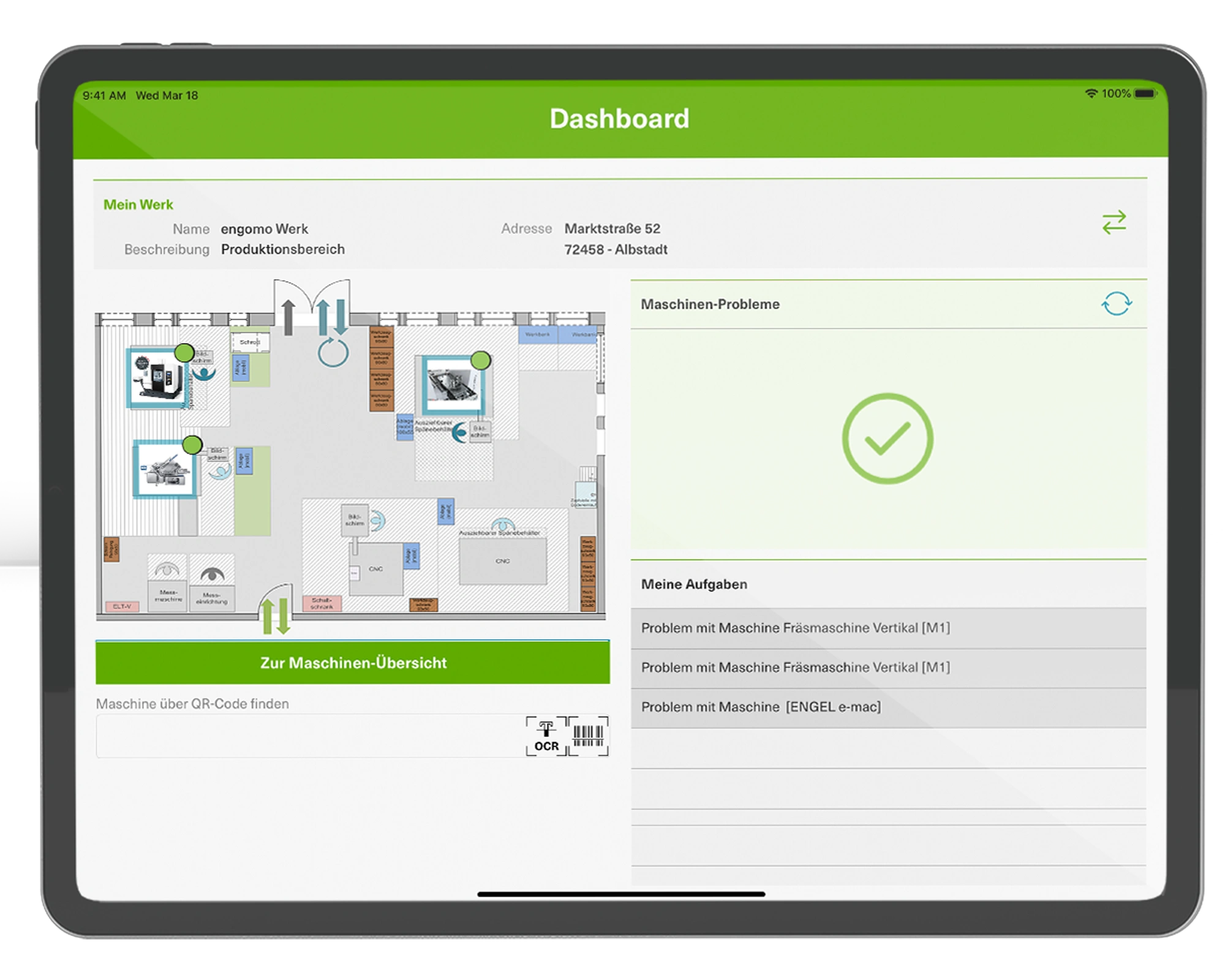 Tablet-Ansicht eines Dashboards zur Maschinenüberwachung in der Produktion: Visualisierung der Werkstruktur mit interaktiven Maschinenicons, Anzeige aktueller Maschinenprobleme, Aufgabenliste und OCR-Scanoption für Maschinenerkennung.