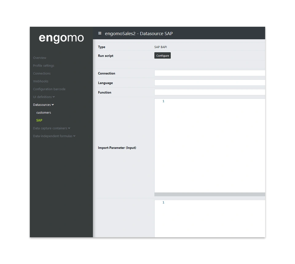 Screenshot of the engomo low-code platform for SAP Business One showing DI-API and Service Layer integration for mobile warehouse, service and field service workflows