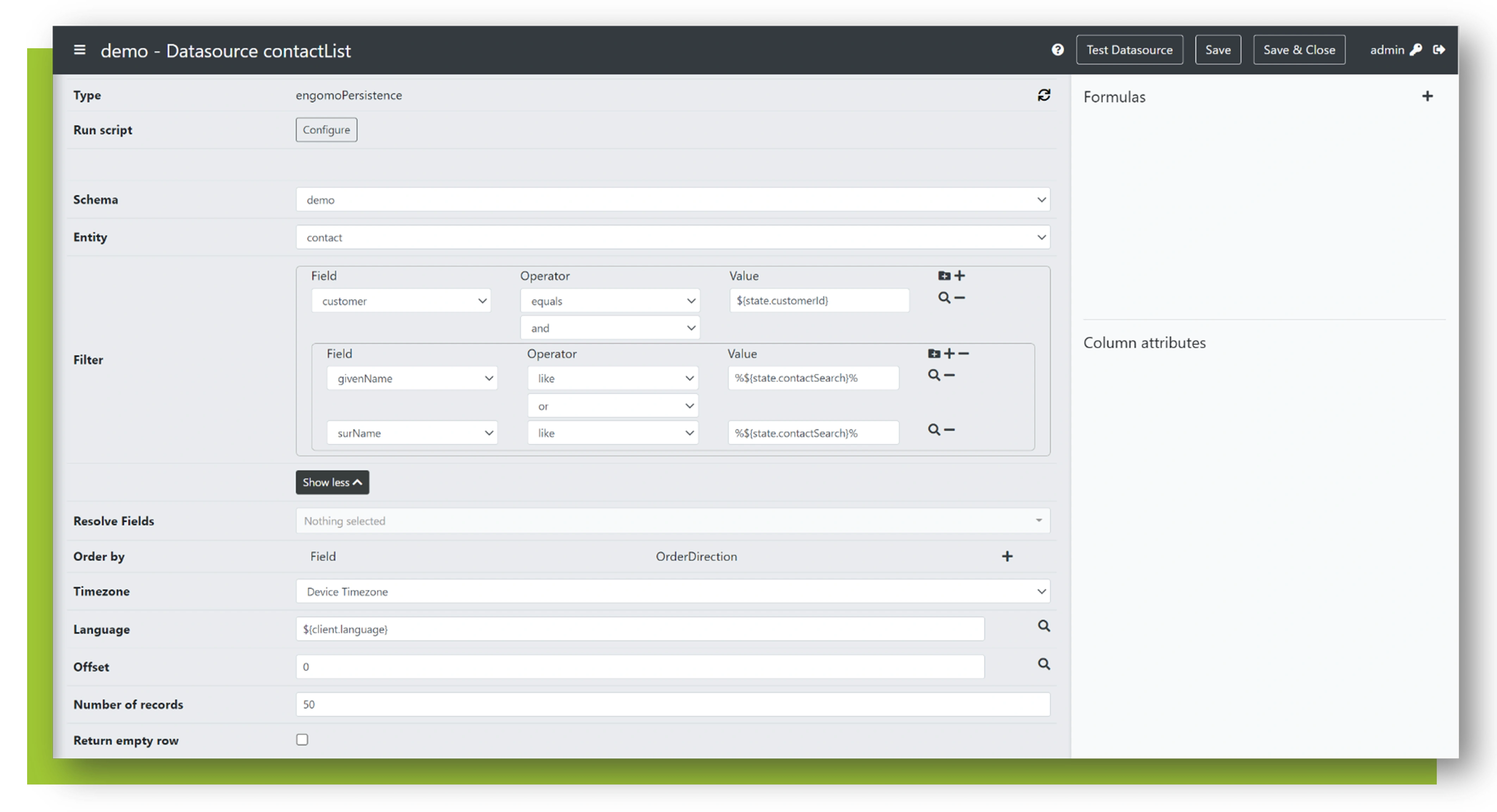 Das Bild zeit einen Screenshot von der Anlage einer Datenstruktur in engomo Persistence. Dort können das Schema, Entities, Filter, Resolve Fields, Order by, Timezone, Langage, Offset, Number of Records und Return empty row über Formularfelder definiert werden. Oben rechts gibt es Buttons um die Datenquelle zu testen, zu speichern und zu schließen.