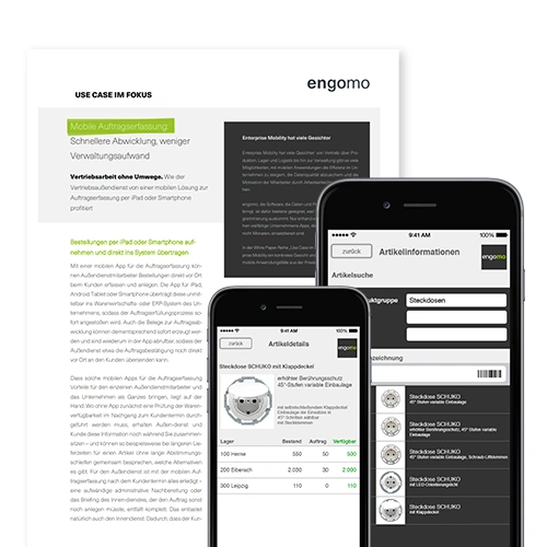 Whitepaper mit dem Titel „Mobile Auftragserfassung – Schnellere Abwicklung, weniger Verwaltungsaufwand“ von engomo, ergänzt durch zwei Smartphone-Ansichten der App zur mobilen Auftragserfassung mit Produktinformationen und Bestellübersicht.