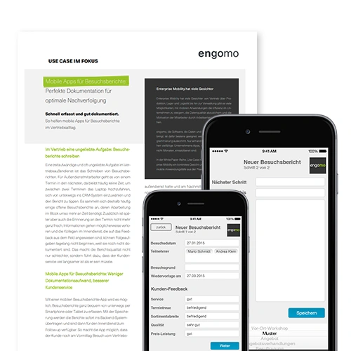 Whitepaper von engomo mit dem Titel „Mobile Tools für Besuchsberichte – Perfekte Dokumentation für optimale Nachverfolgung“. Zwei Smartphones zeigen Formulareingaben für neue Besuchsberichte innerhalb der App.