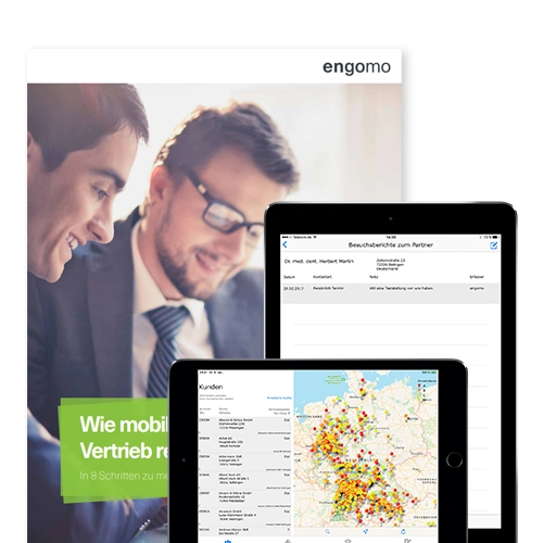 E-paper titled “How Mobile Apps Are Revolutionizing Sales,” presented by engomo. In front are two tablets showing app views: one with a list of visit reports, the other displaying a map of Germany with sales locations.