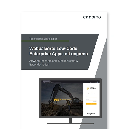 Titelbild eines technischen Whitepapers von engomo mit dem Titel „Webbasierte Low-Code Enterprise Apps mit engomo“. Untertitel: „Anwendungsbereiche, Möglichkeiten & Besonderheiten“. Das Cover zeigt einen Monitor mit einer Login-Oberfläche und einem Bild eines Baggers im Hintergrund.