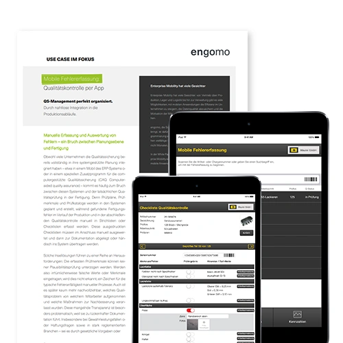 Cover and screenshots from an engomo whitepaper on mobile defect data capture and quality control via app. Two tablets and a smartphone display a digital inspection form for recording quality data.