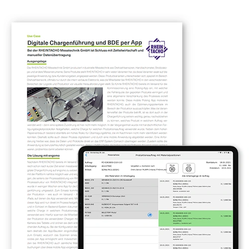 Tablet view of mobile shipping processes at RHEINTACHO using the engomo app – sample interface of a low-code solution for digital batch management and production data acquisition.