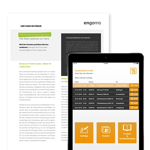 Cover image of a whitepaper on mobile service management using low-code by engomo. A tablet in the foreground shows a service app interface with upcoming tasks, customer data, and a spare parts catalog.