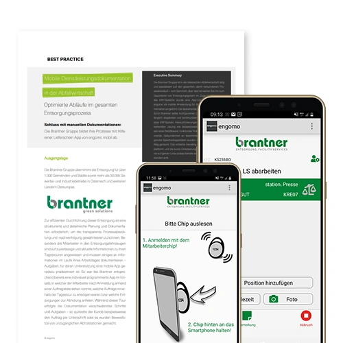 Titelbild eines Anwenderberichts über die mobile Dokumentation im Entsorgungsprozess bei Brantner. Im Vordergrund sind zwei Smartphones mit der individuell gestalteten engomo-App zu sehen, die RFID-Chip-Auslesung und mobile Erfassung im Außendienst unterstützt.
