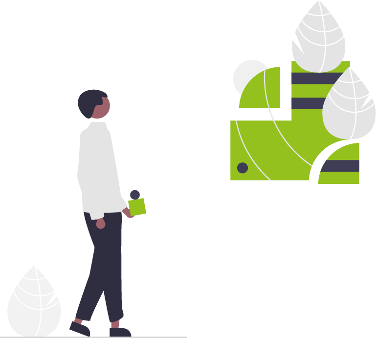 Illustration of a person with a square building block and a circle, looking at several geometric, combined green shapes. It is meant to illustrate how ERP systems can be customized using low-code.
