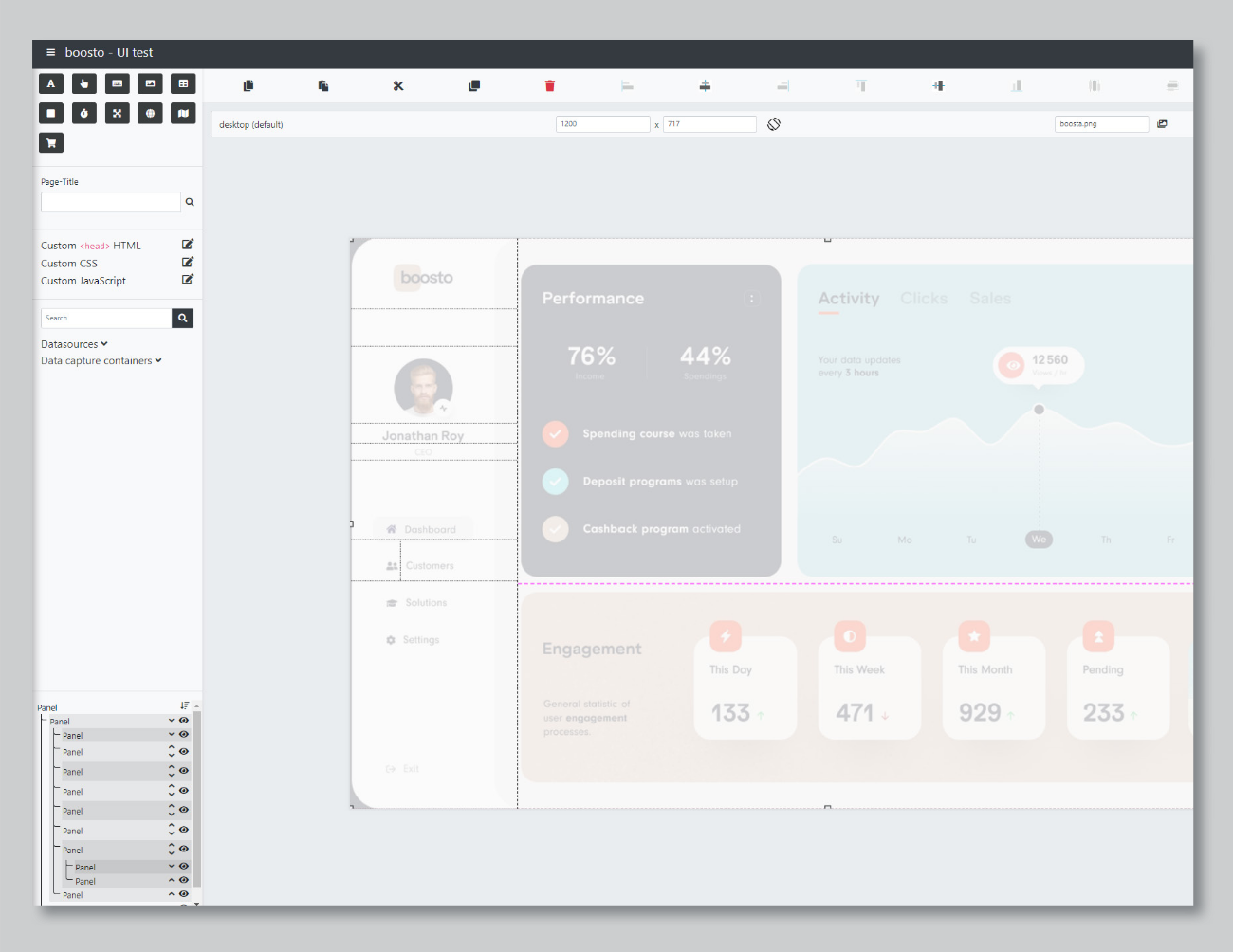 Screenshot of the Flex Layout Editor in engomoWeb. It shows an editable web app interface with dashboard components for performance, activity, and engagement, framed by the engomo UI Editor with its properties, layout, and data sources panels.