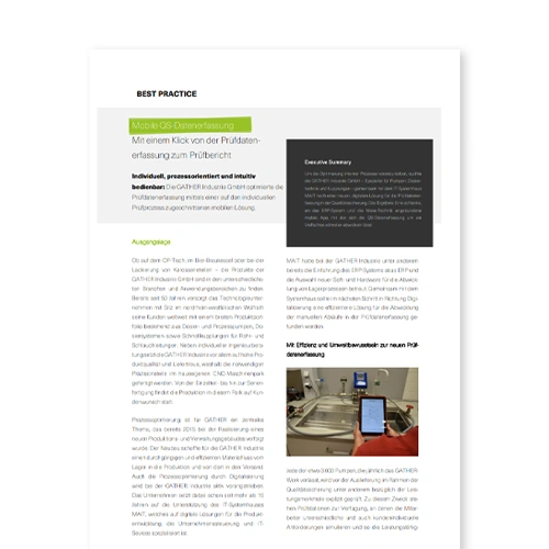 Cover of the engomo success story about GATHER Industrie GmbH – illustrates mobile quality data capture on smart devices and includes a real-world use case from quality assurance.