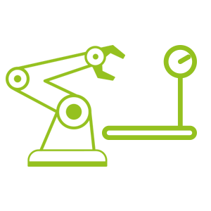 Symbol eines Industrie-Roboterarms neben einer Industriewaage – stilisierte Darstellung eines automatisierten Fertigungs- und Wiegeprozesses in grüner Linie.