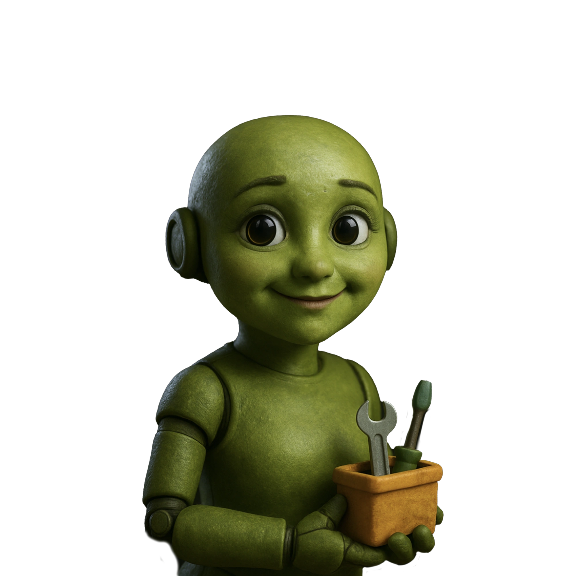 Illustration of Gudrun, the green, friendly smiling AI character, holding a small tool in her hand.