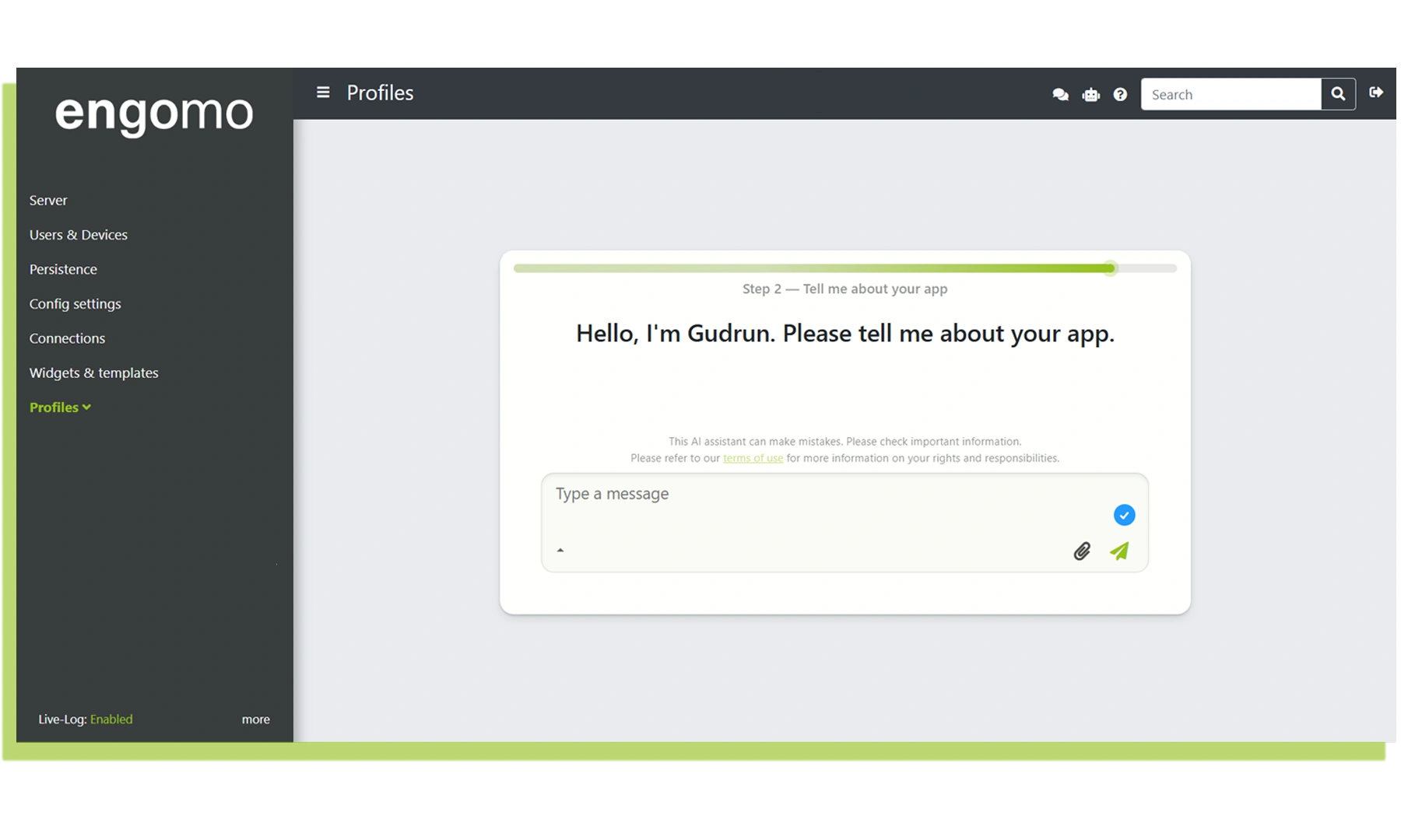 Screenshot of the engomo platform showing an input interface where the AI agent ‘Gudrun’ asks the user to describe their app. The left side displays the navigation menu, and the right side shows the chat input field for prompting.