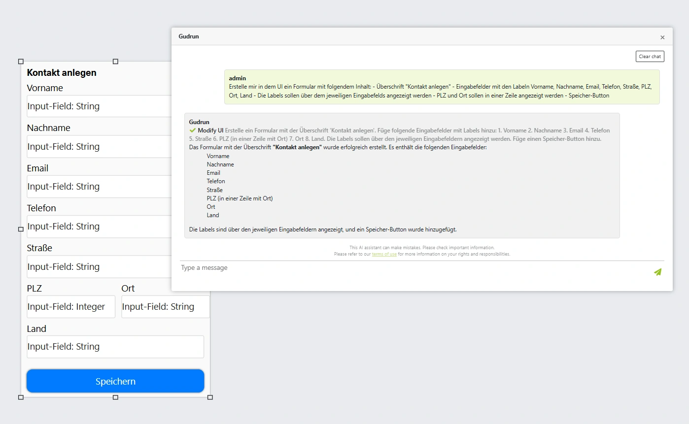 Dialogansicht des KI-Assistenten in engomo – zeigt, wie per Texteingabe automatisch eine Benutzeroberfläche mit Feldern und Buttons generiert wird.