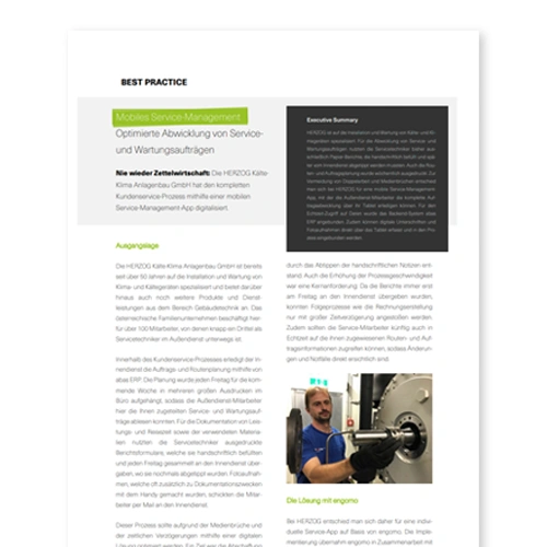 Titelbild eines Anwenderberichts über das mobile Service-Management bei HERZOG. Der Bericht beschreibt die digitale Abwicklung von Wartungs- und Serviceprozessen mit engomo. Auf dem Titelbild ist ein Servicetechniker bei der Maschinenwartung abgebildet.