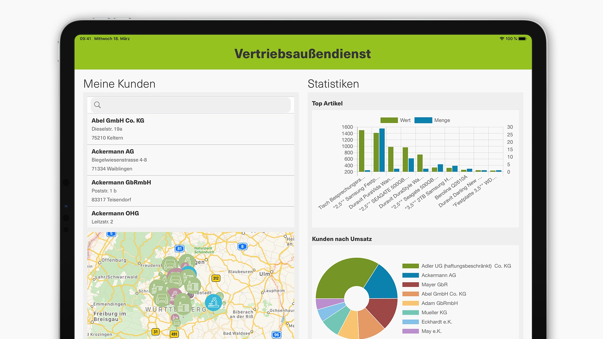 Tablet-Anwendung für den Vertriebsaußendienst – zeigt eine Übersicht von Kunden mit Adressen und Karte sowie Statistiken zu Top-Artikeln und Umsatzverteilung nach Kunden.