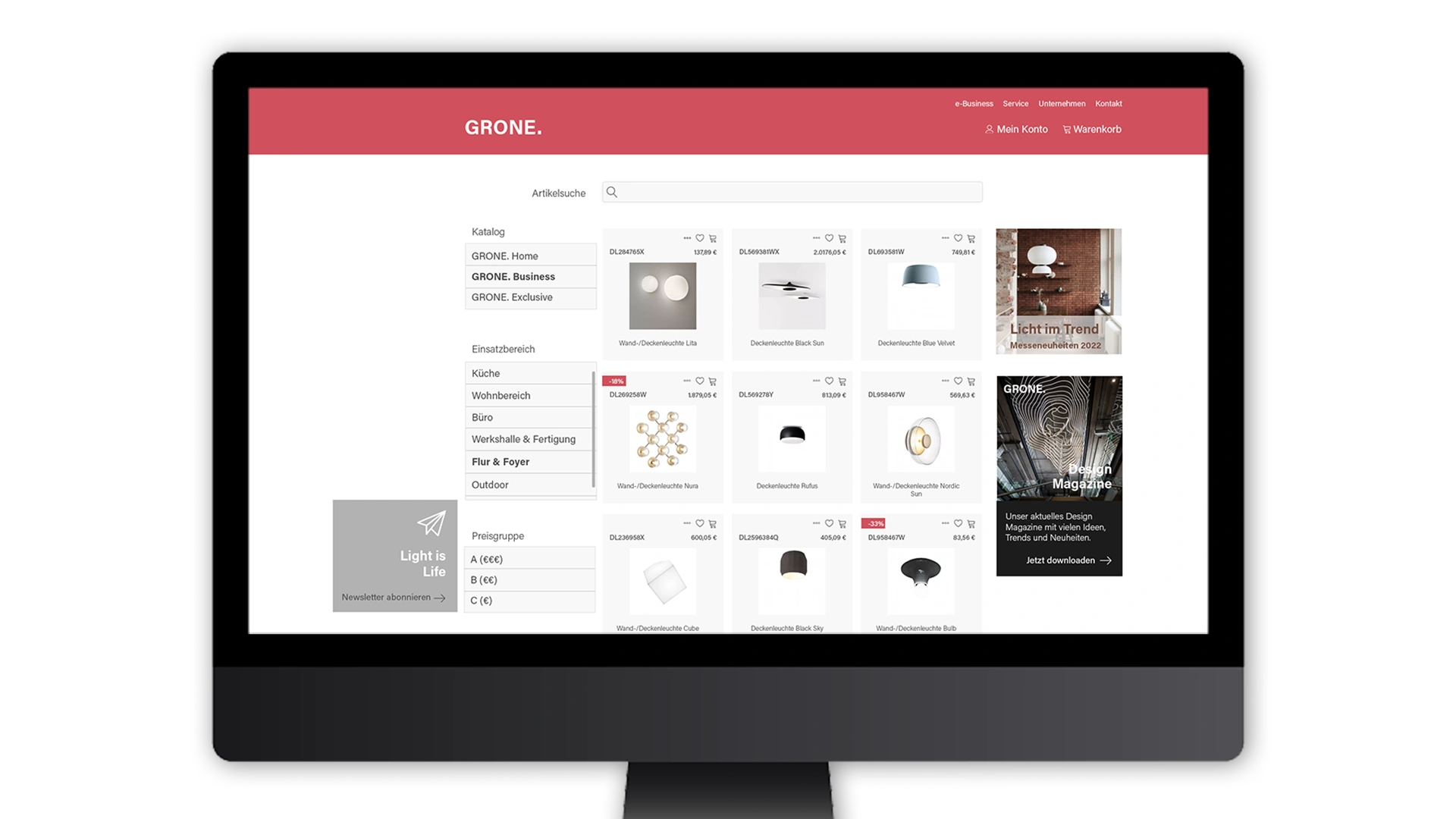 Monitor view of GRONE's digital lighting catalog. The interface displays an article overview with various luminaires, filters for application area, catalog type, and price group, as well as a search bar. On the right, visual teasers promote the design magazine and lighting trends.