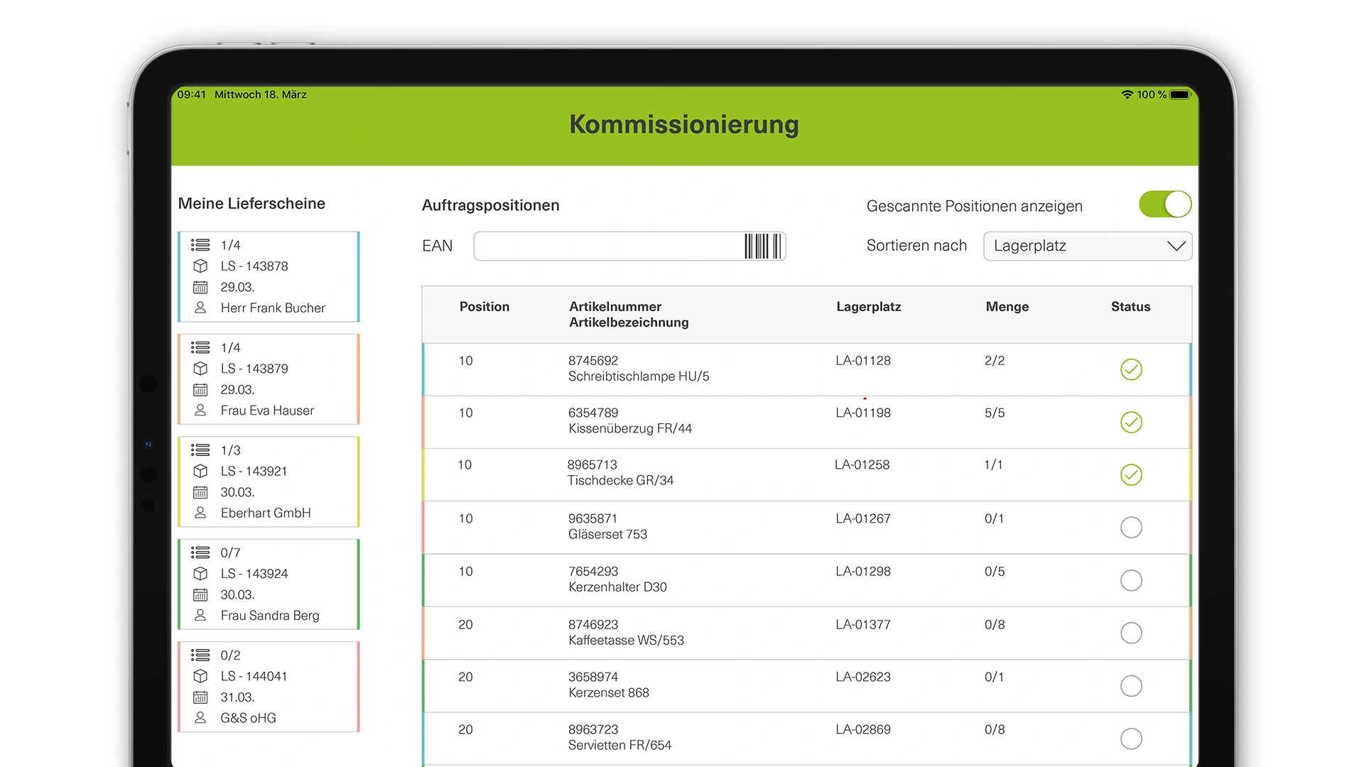 Screen einer App zur Kommissionierung