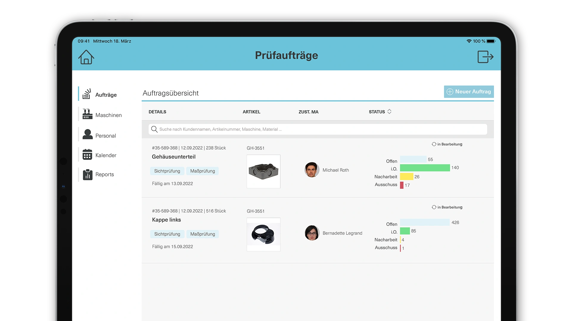Tablet view of a digital inspection orders overview in engomo – displays product images, processing status, responsible inspectors, and key metrics for defect and rejection rates in quality control.