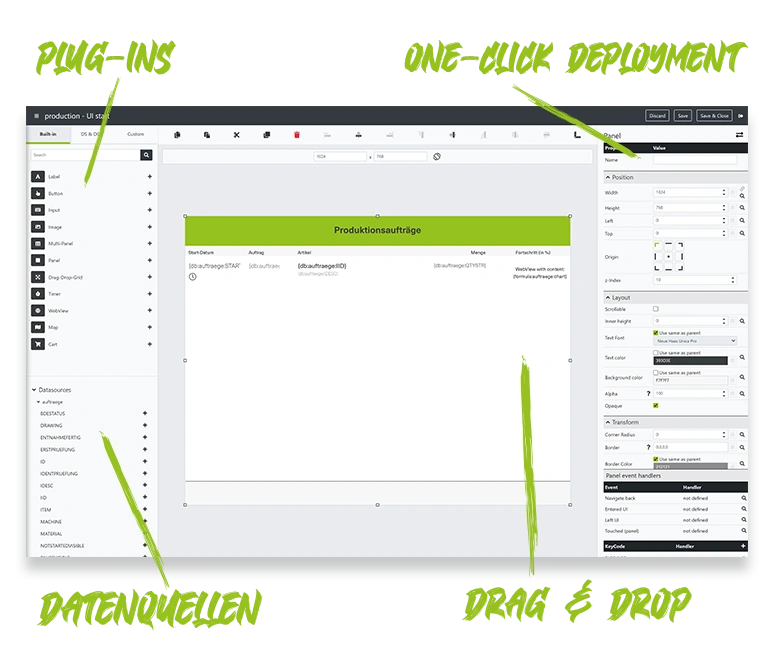 The image shows a screenshot of the interface of the low-code platform engomo. Additionally, there are labels such as Plug-Ins, One-Click Deployment, Data Sources, and Drag & Drop, which indicate the features provided by the platform.