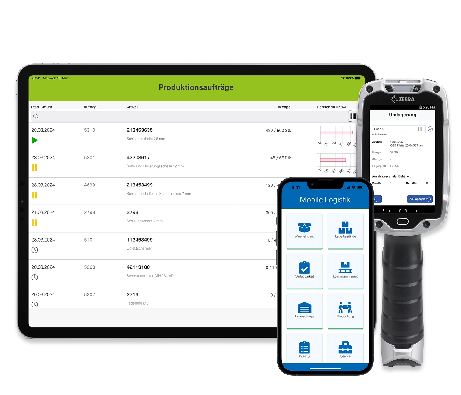 Three devices display different engomo applications: a tablet shows an app for viewing production orders, a handheld scanner displays an app for stock transfers, and a smartphone shows a mobile logistics app.