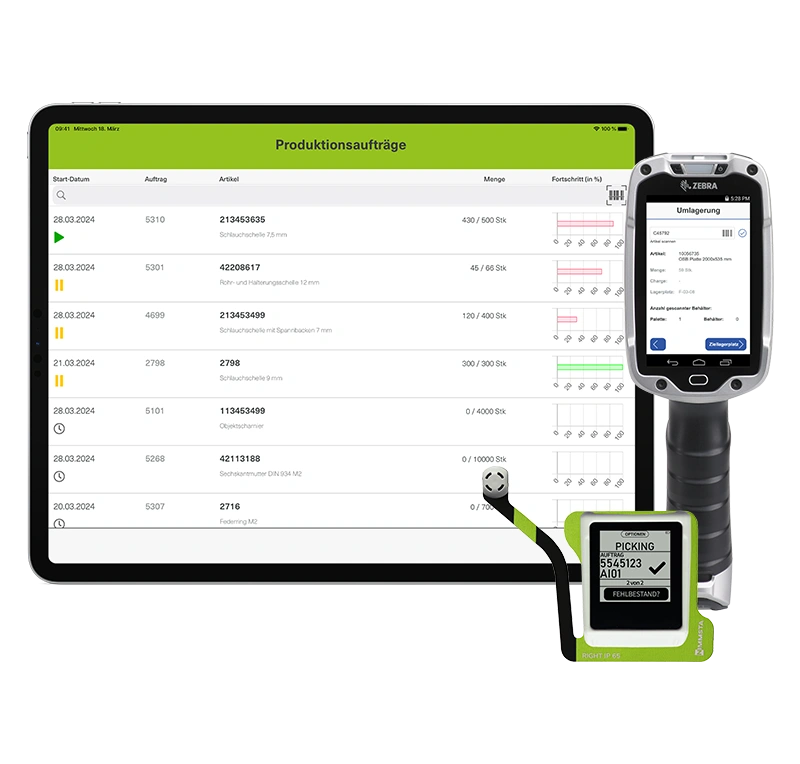 The image shows screenshots of mobile apps. A tablet displays a screenshot of an application that provides an overview of production orders, their statuses, and the quantity produced per item. There is also a Zebra industrial scanner shown, which features an application for stock transfers, including information about the item, storage location, and quantity. The third device is an industrial smartwatch, which is used to complete a picking process. A check mark indicates that the correct item has been scanned. Additionally, shortages can be recorded at the press of a button.