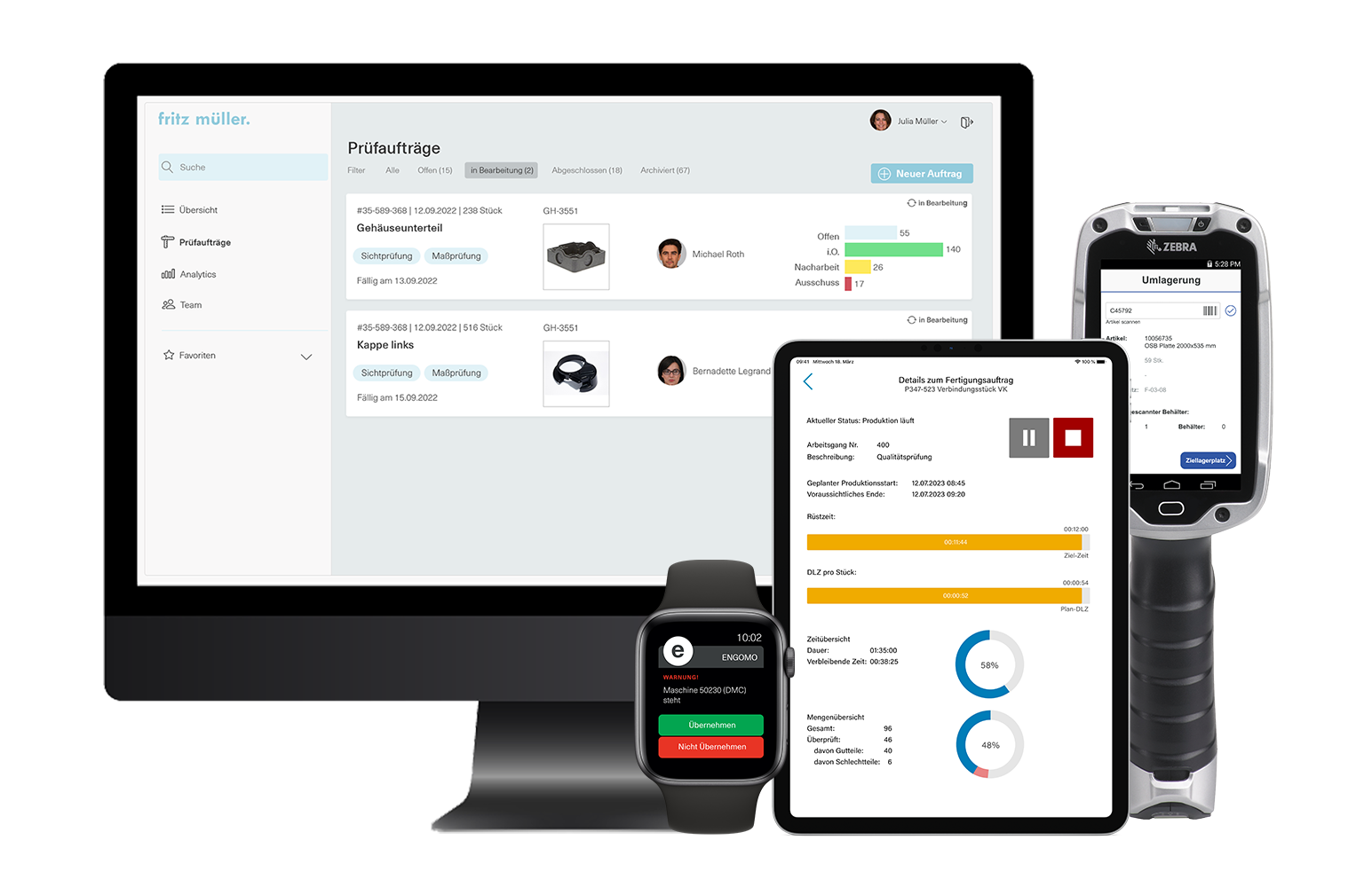 Darstellung verschiedener engomo-Anwendungen auf Desktop, Smartphone, Tablet, Smartwatch und Scanner – zeigt die plattformübergreifende Nutzung auf unterschiedlichen Geräten.