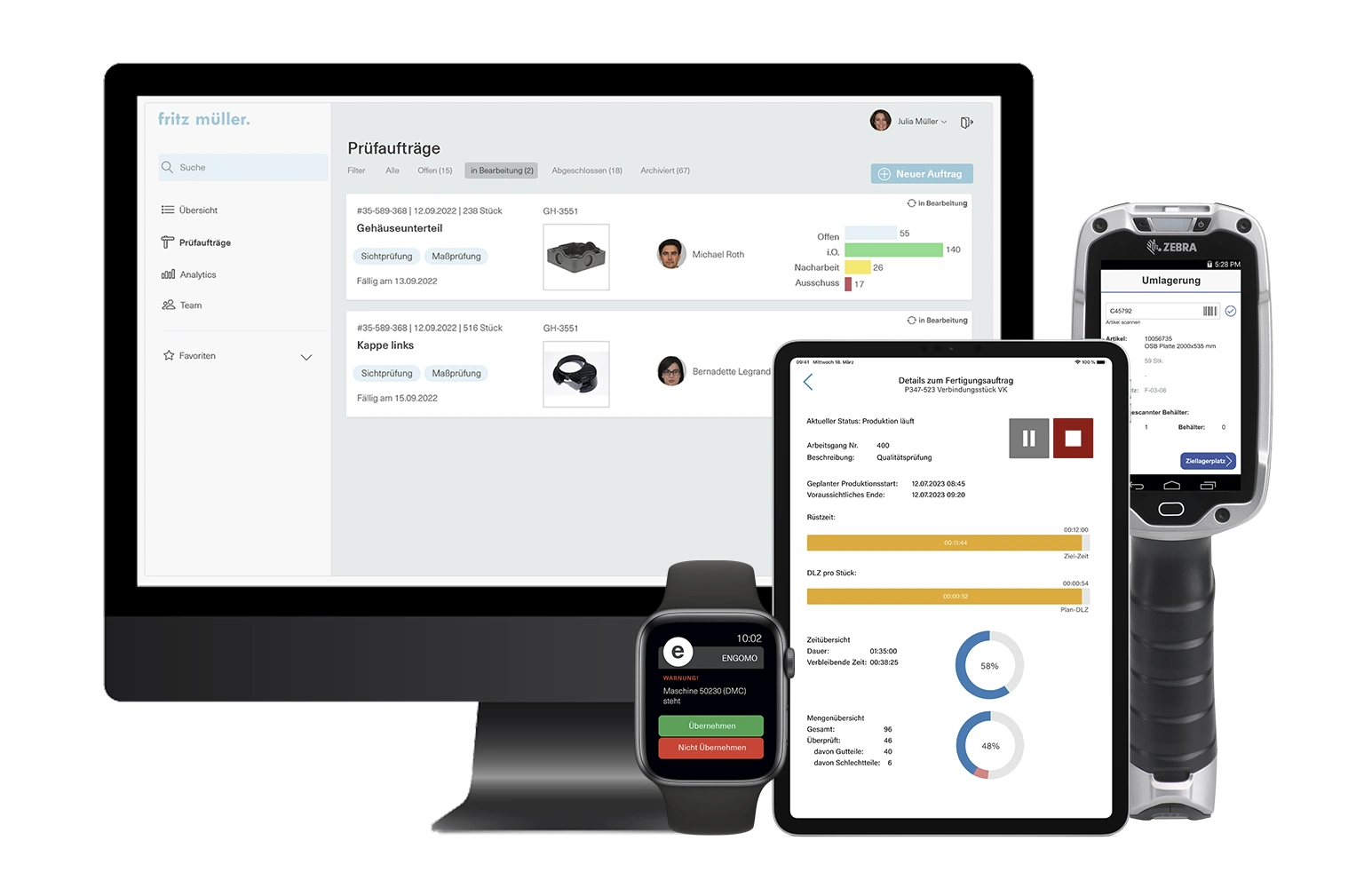 Verschiedene Endgeräte mit engomo-Anwendungen: Desktop-PC, Tablet, Smartphone, Smartwatch und Industriescanner – zeigen plattform- und geräteunabhängige Einsatzmöglichkeiten.