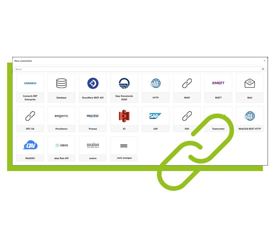 Screenshot des engomo-Interfaces zur Auswahl neuer Plugins, mit Icons für verschiedene Systeme wie ERP, Datenbanken, REST-APIs, SAP, OPC UA und weitere Integrationen. Im Vordergrund befindet sich ein großes grünes Symbol aus zwei verbundenen Kettengliedern, das nahtlose Systemintegration darstellt.