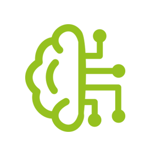 The green icon shows one half of a brain. The other half is made up of lines, each ending with a circle. It is designed to represent artificial intelligence.