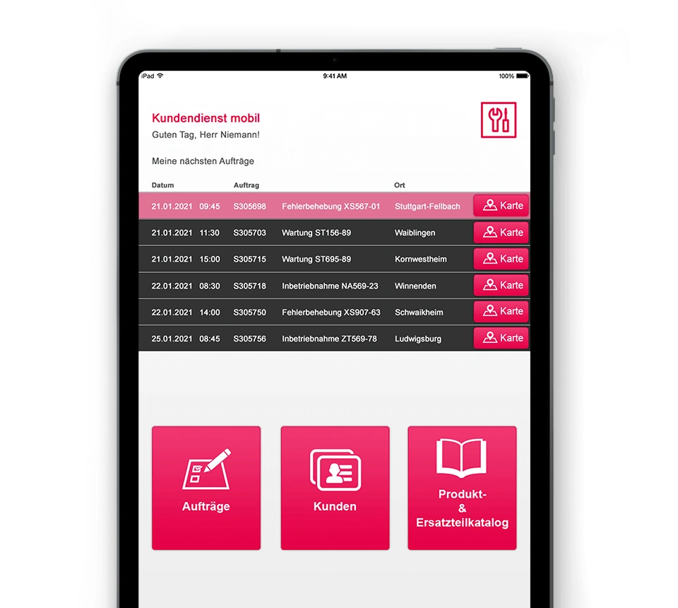 Tablet-Ansicht einer Abas ERP Service App mit Übersicht mobiler Serviceaufträge, Einsatzorten und Servicefunktionen für den Kundendienst