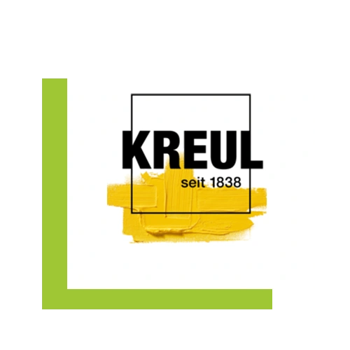 Das Logo von Kreul in einem weißen Kasten, der einen grünen Kasten überlappt.
