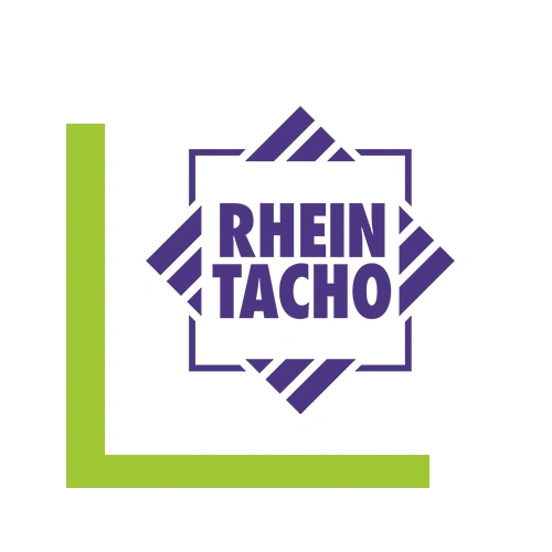 Das Logo von Rheintacho Messtechnik GmbH in einem weißen Kasten, der einen grünen Kasten überlappt.