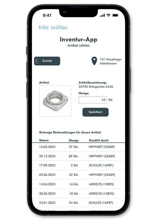 Smartphone view of a Comarch ERP Enterprise inventory app for mobile stock counting, showing item details, quantities, and history