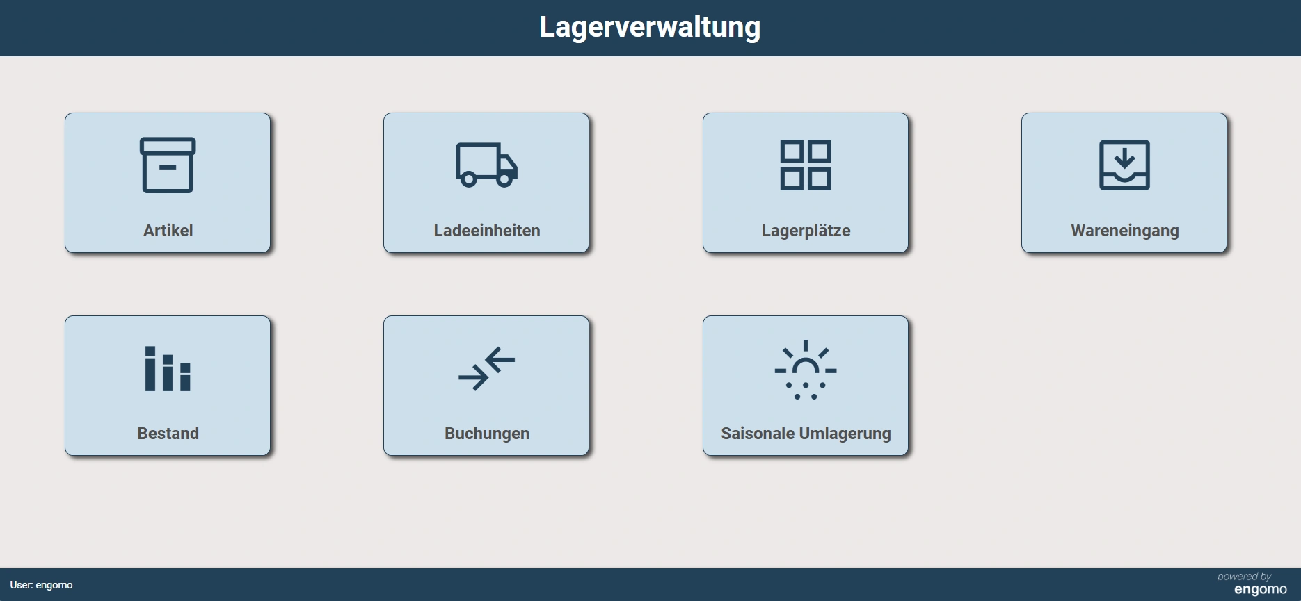 Screenshot eines Dashboards zur Lagerverwaltung mit sieben Kacheln: Artikel, Ladeeinheiten, Lagerplätze, Wareneingang, Bestand, Buchungen und saisonale Umlagerung – erstellt mit engomo.