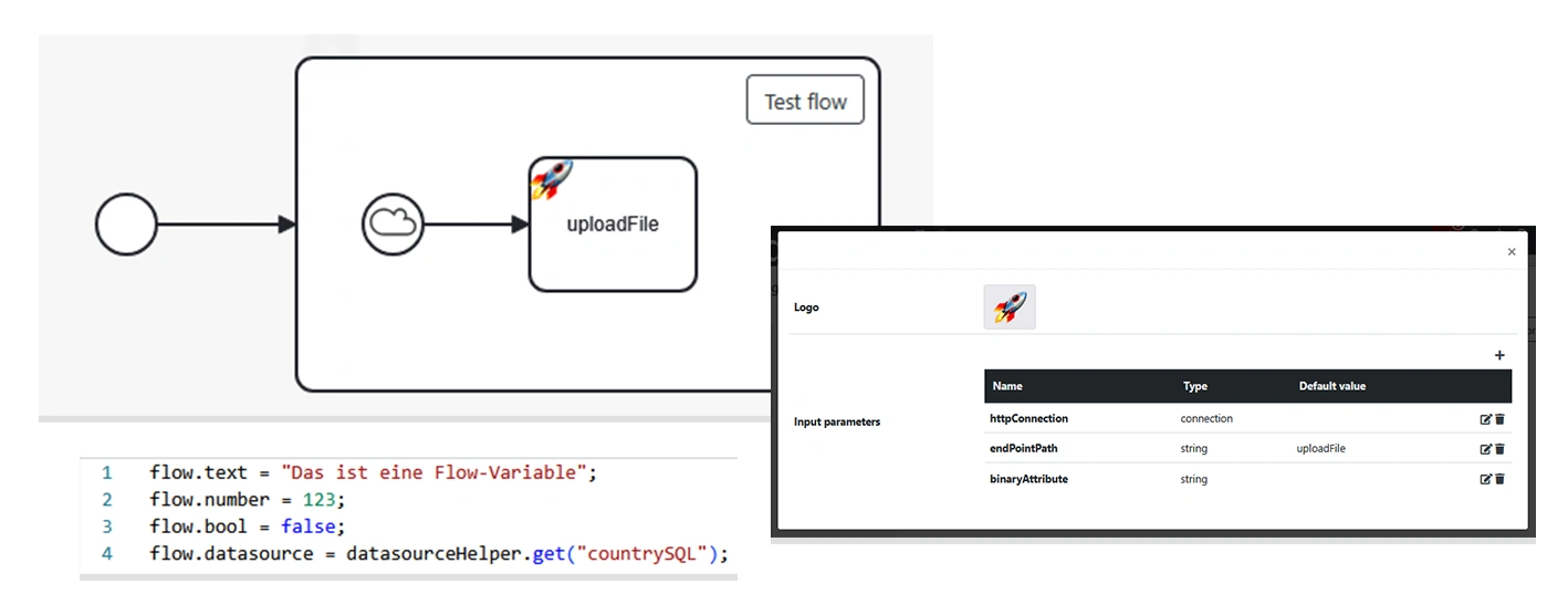 Das Bild zeigt ein Screenshot von dem Low-Code Plugin Upload File, welches in den engomo ActionFlows wiederverwendet wird.