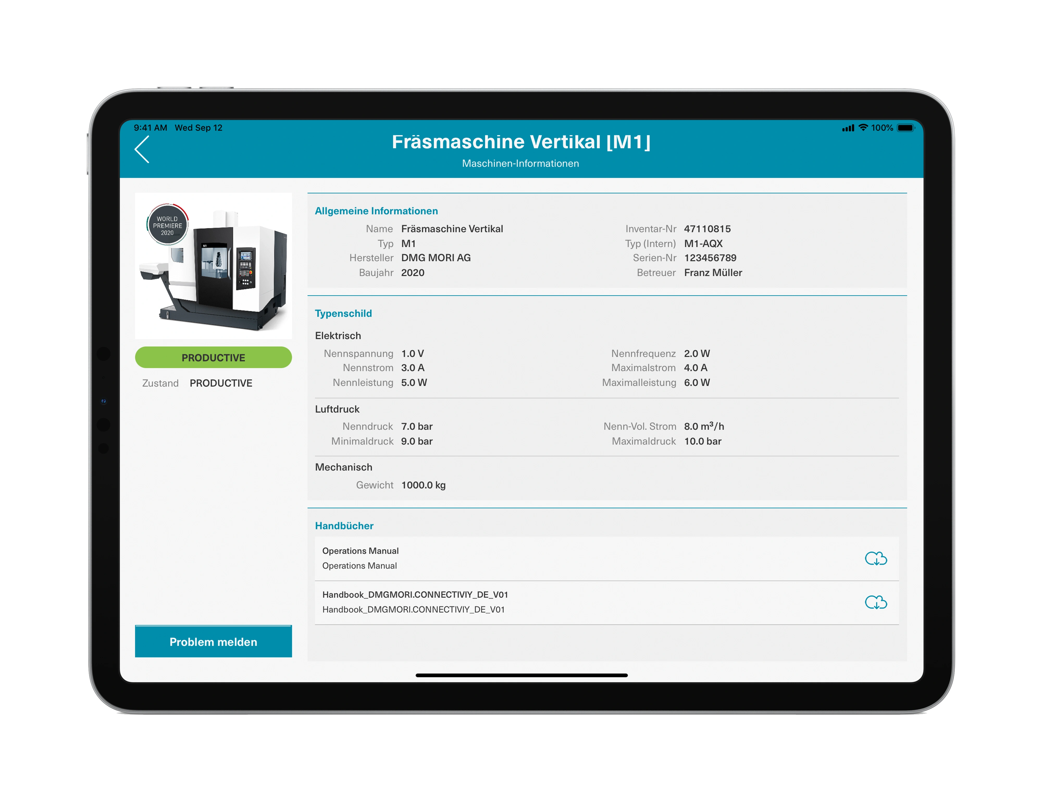 Tablet-Ansicht einer engomo-App mit Detailinformationen zur Fräsmaschine Vertikal [M1]: Anzeige von Stammdaten, technischen Spezifikationen, Status, Handbüchern und Option zur Störungsmeldung.